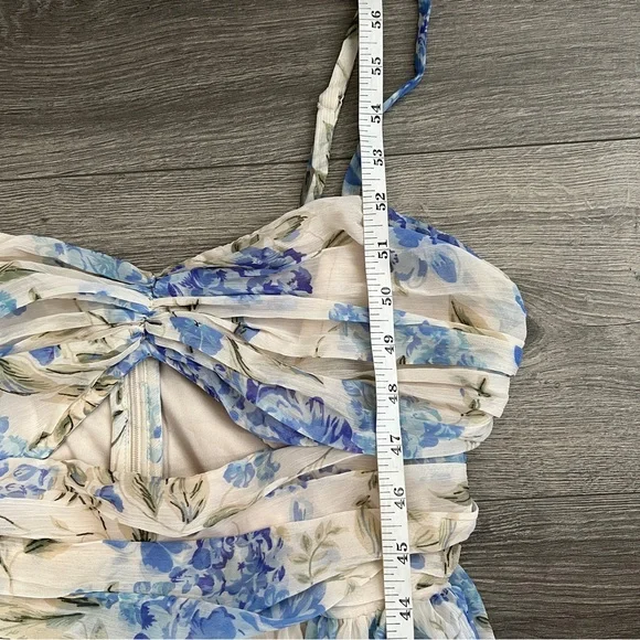 Lulus Arata Tiered Maxi Dress Small Beige Blue Floral Cutout Cottagecore Fairy - Picture 12 of 12